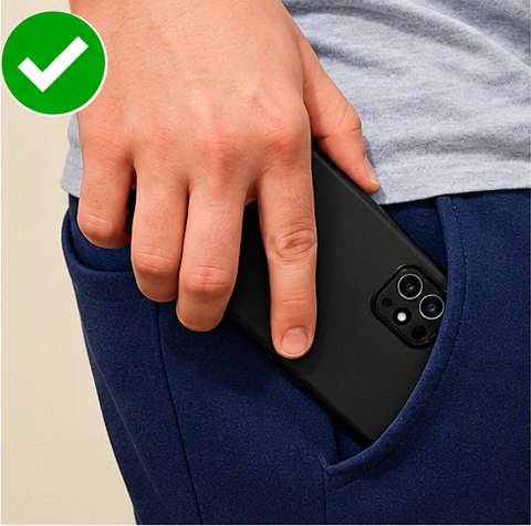 Right: screen facing the leg, top of the phone going in first